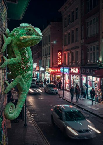 Een kameleon afgebeeld in een drukke straat.