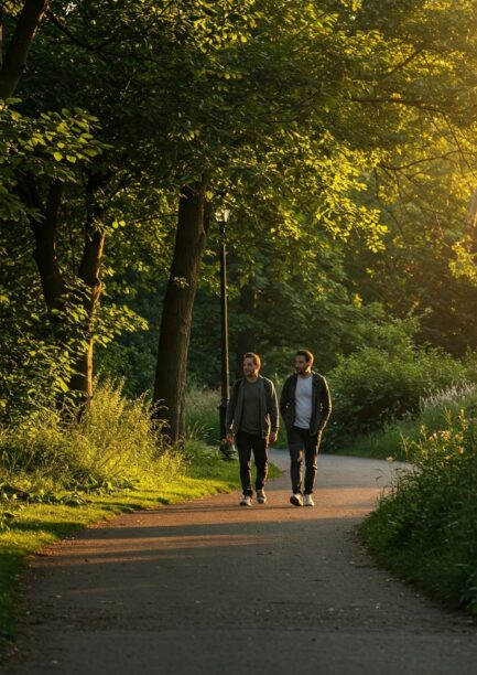 Twee mannen lopen in een bosrijke omgeving